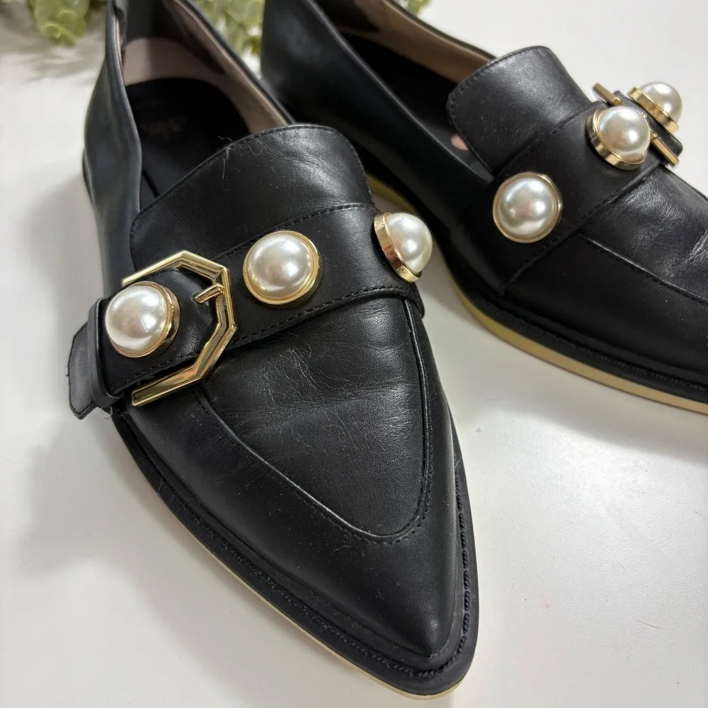 Louise et Cie Black Pointed Pearl-Embellished Loafers